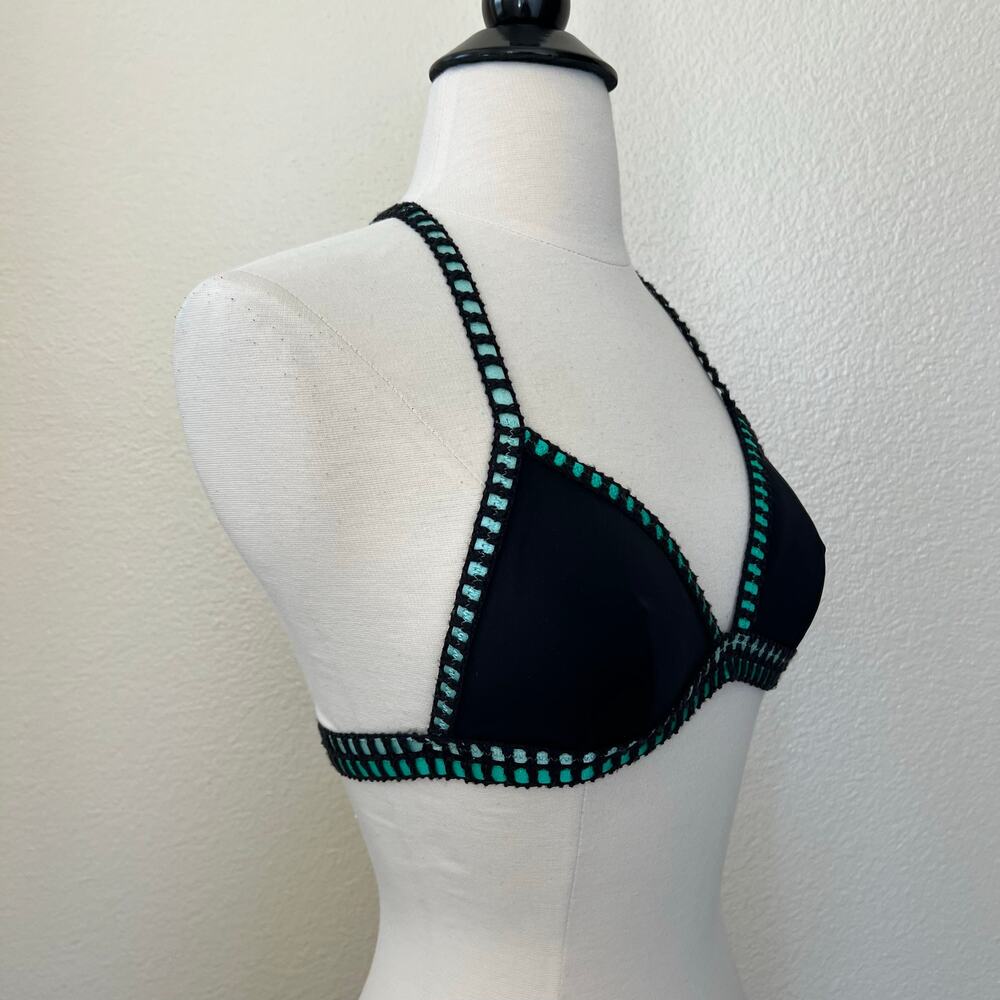 Victoria’s Secret black bikini top green crochet trim swim - Picture 3 of 5